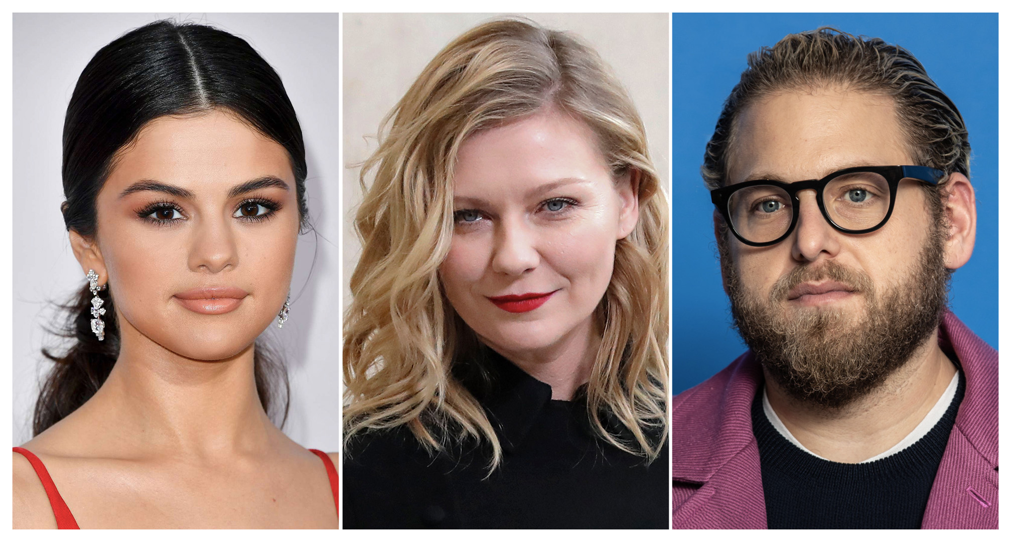 kollaasi Selena Gomezista, Kirsten Dunstista ja Jonah Hillistä