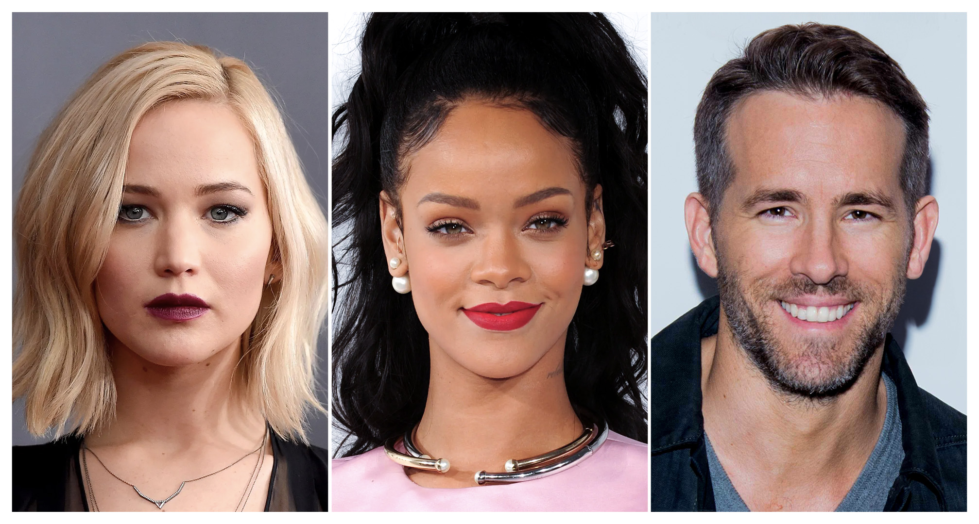 kollaasi Jennifer Lawrencesta, Rihannasta ja Ryan Reynoldsista
